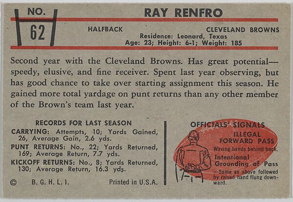 Ray Renfro, Browns, from the Bowman Football series (R407-5) issued by Bowman Gum, Issued by Bowman Gum Company, Commercial color lithograph