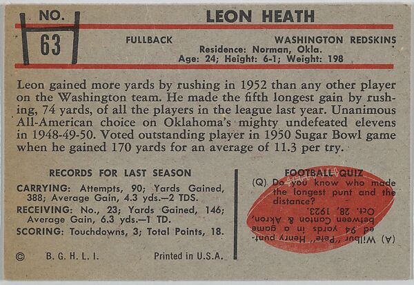 Leon Heath, Redskins, from the Bowman Football series (R407-5) issued by Bowman Gum, Issued by Bowman Gum Company, Commercial color lithograph