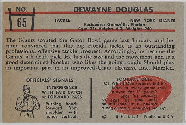 Dewayne Douglas, Giants, from the Bowman Football series (R407-5) issued by Bowman Gum, Issued by Bowman Gum Company, Commercial color lithograph