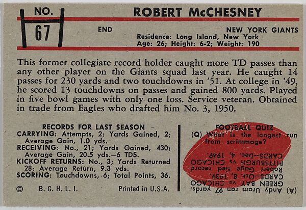 Bob McChesney, Giants, from the Bowman Football series (R407-5) issued by Bowman Gum, Issued by Bowman Gum Company, Commercial color lithograph