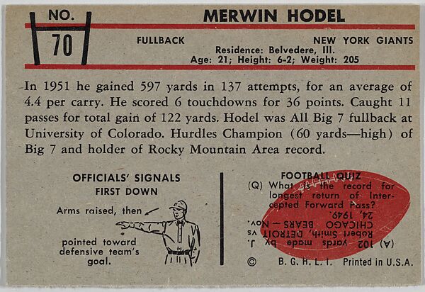 Merwin Hodel, Giants, from the Bowman Football series (R407-5) issued by Bowman Gum, Issued by Bowman Gum Company, Commercial color lithograph