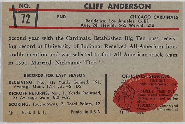Cliff Anderson, Cardinals, from the Bowman Football series (R407-5) issued by Bowman Gum, Issued by Bowman Gum Company, Commercial color lithograph