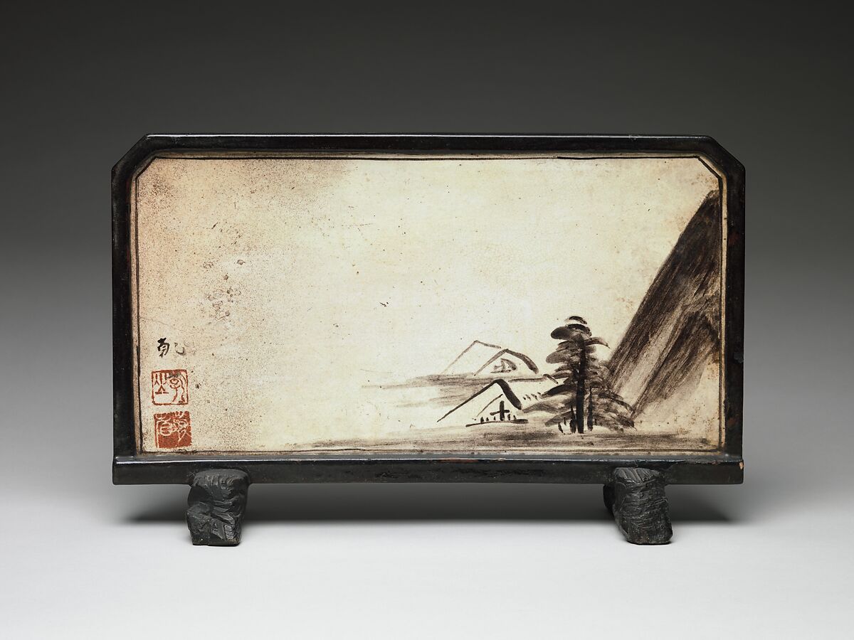 Reading screen, Ogata Kenzan (Japanese, 1663–1743), Clay; moulded frame and shaped supports glazed black; both faces of screen with ivory glaze, decorated with landscapes in black (Tokyo ware), Japan 