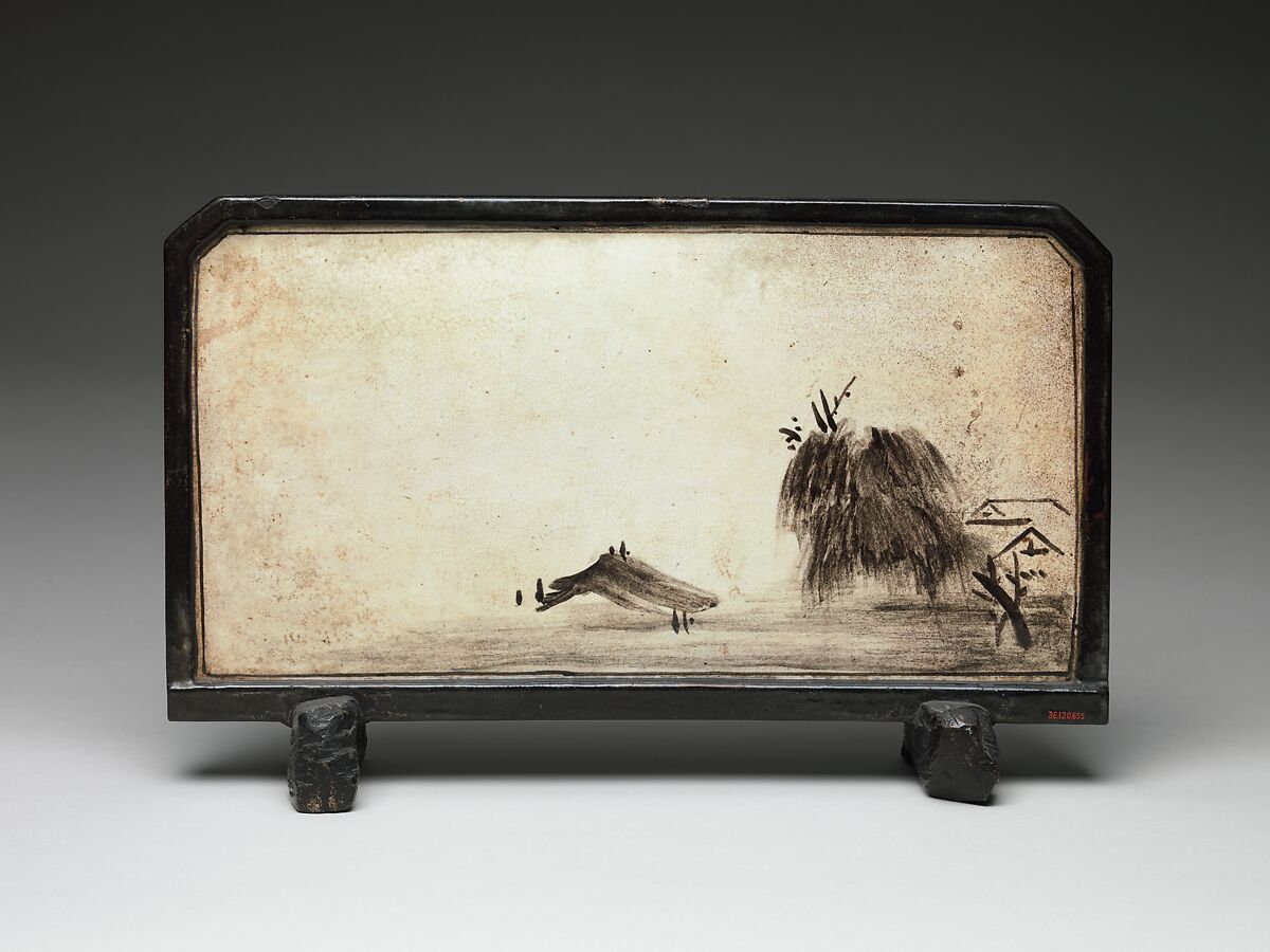 Reading screen, Ogata Kenzan (Japanese, 1663–1743), Clay; moulded frame and shaped supports glazed black; both faces of screen with ivory glaze, decorated with landscapes in black (Tokyo ware), Japan