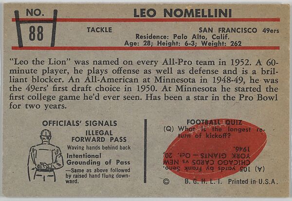 Leo Nomellini, 49ers, from the Bowman Football series (R407-5) issued by Bowman Gum, Issued by Bowman Gum Company, Commercial color lithograph
