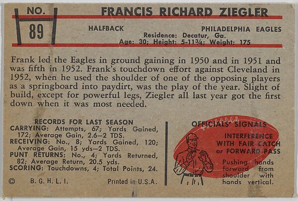 Frank Ziegler, Eagles, from the Bowman Football series (R407-5) issued by Bowman Gum, Issued by Bowman Gum Company, Commercial color lithograph