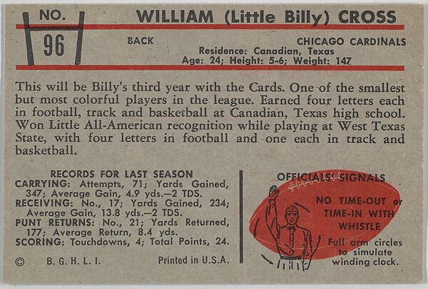 "Little Billy" Cross, Cardinals, from the Bowman Football series (R407-5) issued by Bowman Gum, Issued by Bowman Gum Company, Commercial color lithograph