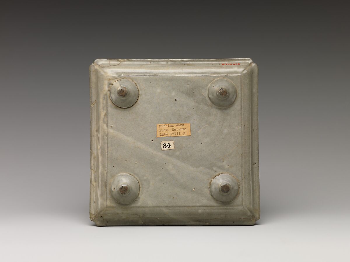 Tray, Clay; glaze with chrysanthemums in blue; borders in white Mishima (Mishima Satsuma ware), Japan