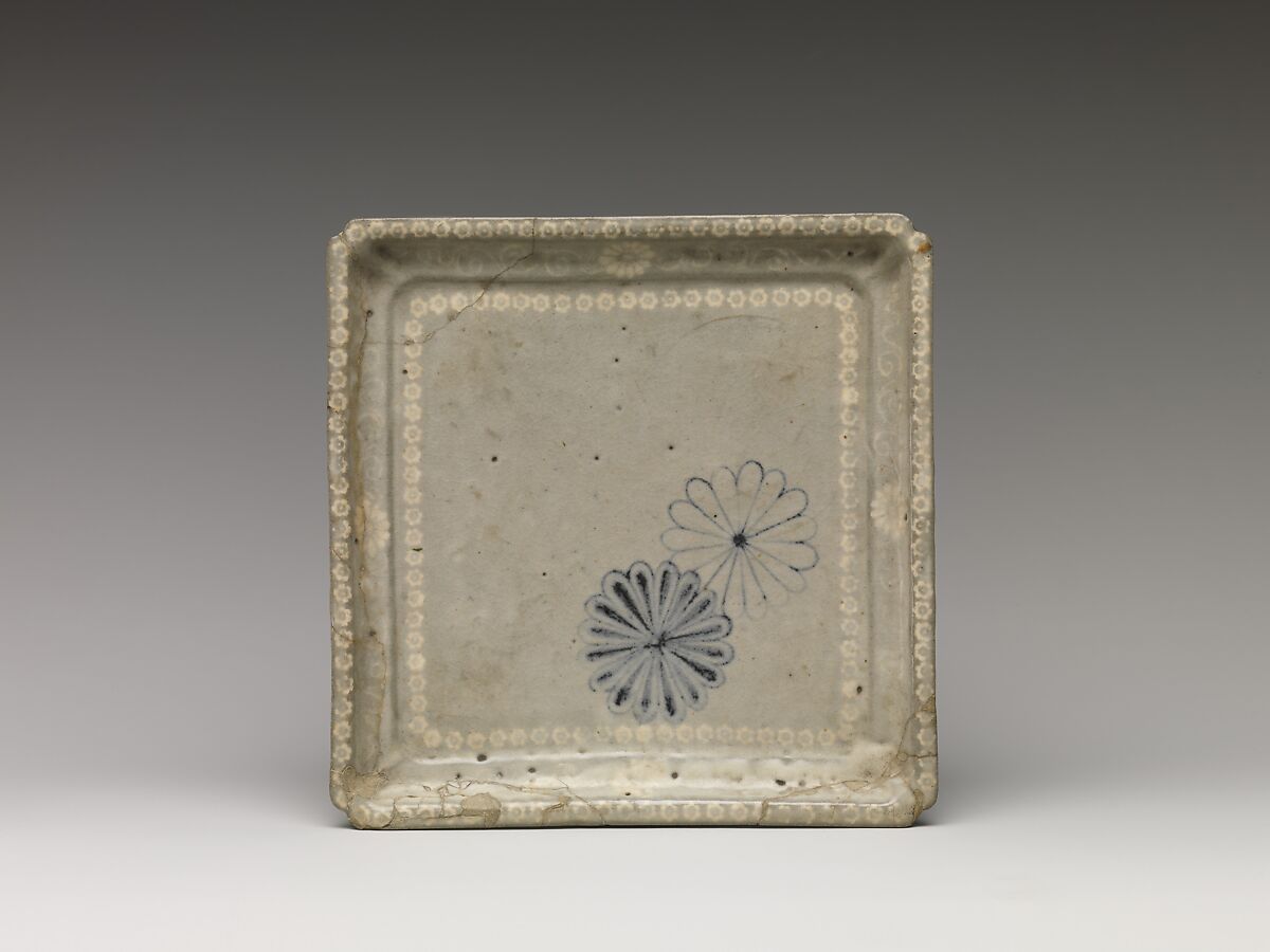 Tray, Clay; glaze with chrysanthemums in blue; borders in white Mishima (Mishima Satsuma ware), Japan 