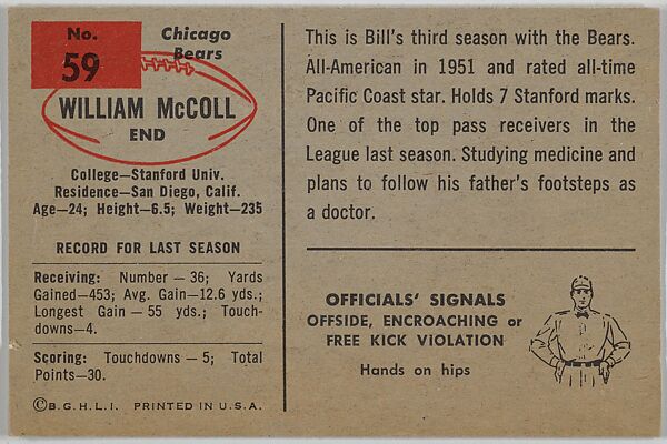 William McColl, Chicago Bears, from the Bowman Football series (R407-6) issued by Bowman Gum, Issued by Bowman Gum Company, Commercial color lithograph