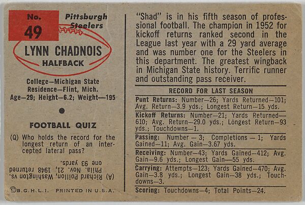 Lynn Chandnois, Pittsburgh Steelers, from the Bowman Football series (R407-6) issued by Bowman Gum, Issued by Bowman Gum Company, Commercial color lithograph