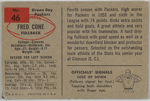 Fred Cone, Green Bay Packers, from the Bowman Football series (R407-6) issued by Bowman Gum, Issued by Bowman Gum Company, Commercial color lithograph