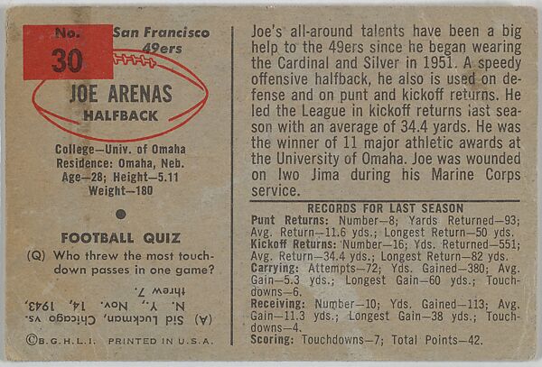 Joe Arenas, San Francisco 49'ers, from the Bowman Football series (R407-6) issued by Bowman Gum, Issued by Bowman Gum Company, Commercial color lithograph