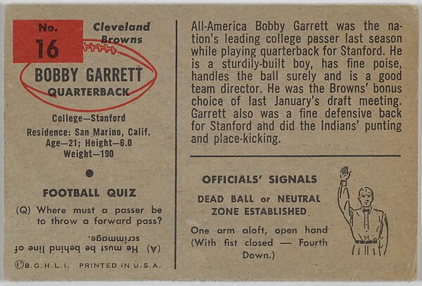 Bobby Garrett, Cleveland Browns, from the Bowman Football series (R407-6) issued by Bowman Gum, Issued by Bowman Gum Company, Commercial color lithograph