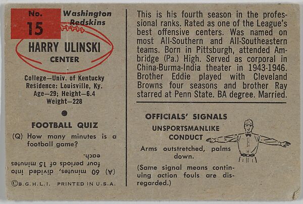 Harry Ulinski, Washington Redskins, from the Bowman Football series (R407-6) issued by Bowman Gum, Issued by Bowman Gum Company, Commercial color lithograph