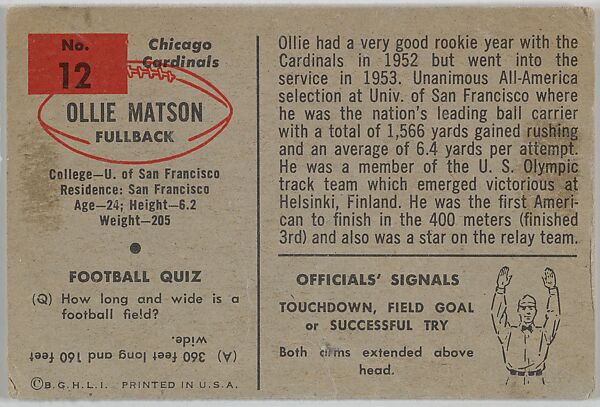 Ollie Matson, Chicago Cardinals, from the Bowman Football series (R407-6) issued by Bowman Gum, Issued by Bowman Gum Company, Commercial color lithograph