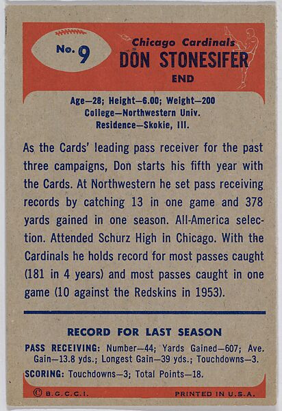 Don Stonesifer, End, Chicago Cardinals, from the Bowman Football series (R407-7) issued by Bowman Gum, Issued by Bowman Gum Company, Commercial color lithograph