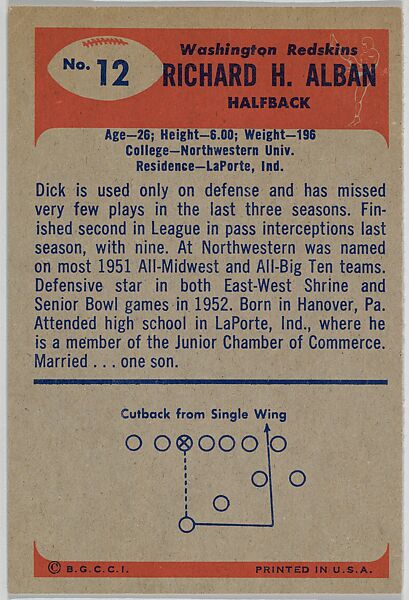 Dick Alban, Halfback, Washington Redskins, from the Bowman Football series (R407-7) issued by Bowman Gum, Issued by Bowman Gum Company, Commercial color lithograph