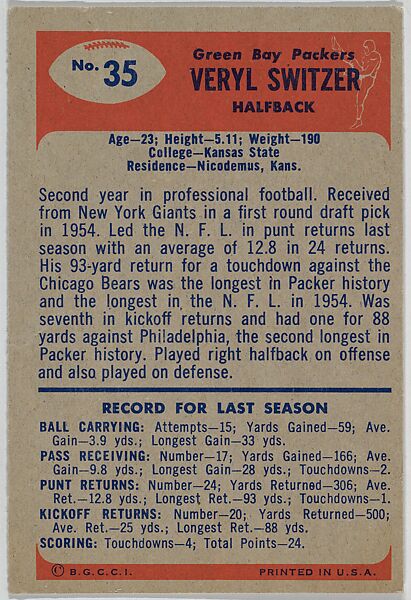 Veryl Switzer, Halfback, Green Bay Packers, from the Bowman Football series (R407-7) issued by Bowman Gum, Issued by Bowman Gum Company, Commercial color lithograph