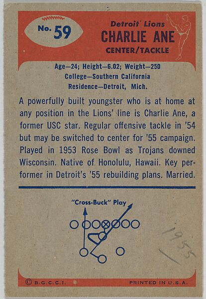 Charlie Ane, Center Tackle, Detroit Lions, from the Bowman Football series (R407-7) issued by Bowman Gum, Issued by Bowman Gum Company, Commercial color lithograph