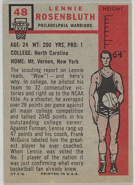 Card Number 48, Len Rosenbluth, Philadelphia Warriors, from the Topps Basketball series (R410) issued by Topps Chewing Gum Company, Issued by Topps Chewing Gum Company (American, Brooklyn), Commercial color lithograph