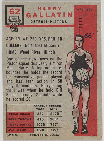 Card Number 62, Harry Gallatin, Detroit Pistons, from the Topps Basketball series (R410) issued by Topps Chewing Gum Company, Issued by Topps Chewing Gum Company (American, Brooklyn), Commercial color lithograph