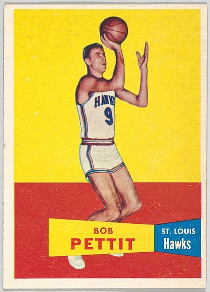 Card Number 24, Bob Pettit, St. Louis Hawks, from the Topps Basketball series (R410) issued by Topps Chewing Gum Company, Issued by Topps Chewing Gum Company (American, Brooklyn), Commercial color lithograph 