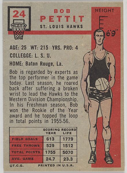 Card Number 24, Bob Pettit, St. Louis Hawks, from the Topps Basketball series (R410) issued by Topps Chewing Gum Company, Issued by Topps Chewing Gum Company (American, Brooklyn), Commercial color lithograph