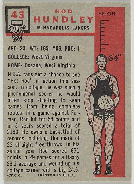 Card Number 43, Rod Hundley, Minneapolis Lakers, from the Topps Basketball series (R410) issued by Topps Chewing Gum Company, Issued by Topps Chewing Gum Company (American, Brooklyn), Commercial color lithograph