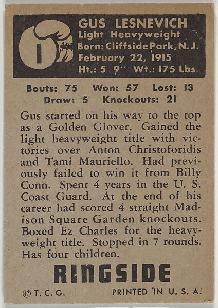 Gus Lesnevitch, Light Heavy Champion, 1941-1948, from the Topps Ringside series (R411) issued by Topps Chewing Gum Company, Issued by Topps Chewing Gum Company (American, Brooklyn), Commercial color lithograph