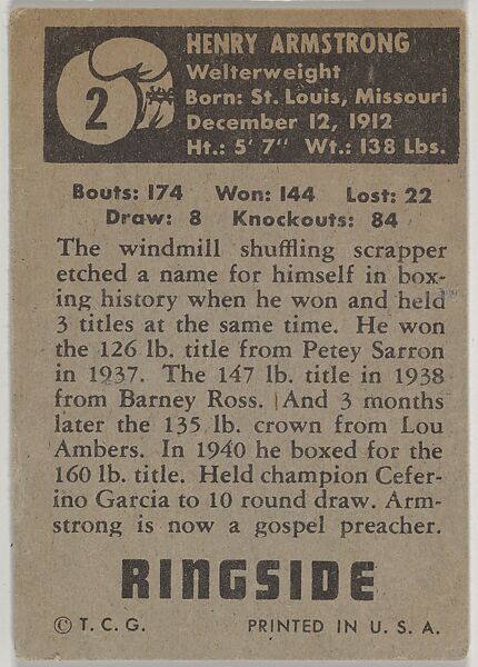 Henry Armstrong, Welterweight Champion, 1938-1939, from the Topps Ringside series (R411) issued by Topps Chewing Gum Company, Issued by Topps Chewing Gum Company (American, Brooklyn), Commercial color lithograph