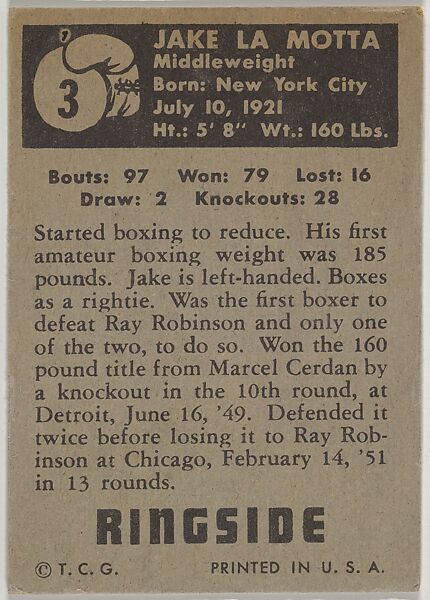 Jake La Motta, Middleweight Champion, 1949-1951, from the Topps Ringside series (R411) issued by Topps Chewing Gum Company, Issued by Topps Chewing Gum Company (American, Brooklyn), Commercial color lithograph