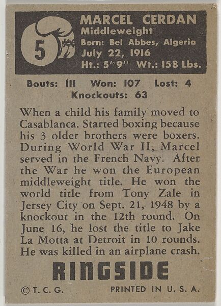 Marcel Cerdan, Middleweight Champion, 1948-1949, from the Topps Ringside series (R411) issued by Topps Chewing Gum Company, Issued by Topps Chewing Gum Company (American, Brooklyn), Commercial color lithograph