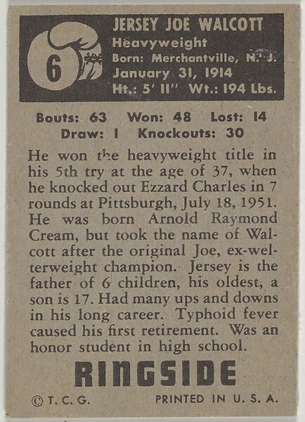 Jersey Joe Walcott, Heavyweight Champion, from the Topps Ringside series (R411) issued by Topps Chewing Gum Company, Issued by Topps Chewing Gum Company (American, Brooklyn), Commercial color lithograph