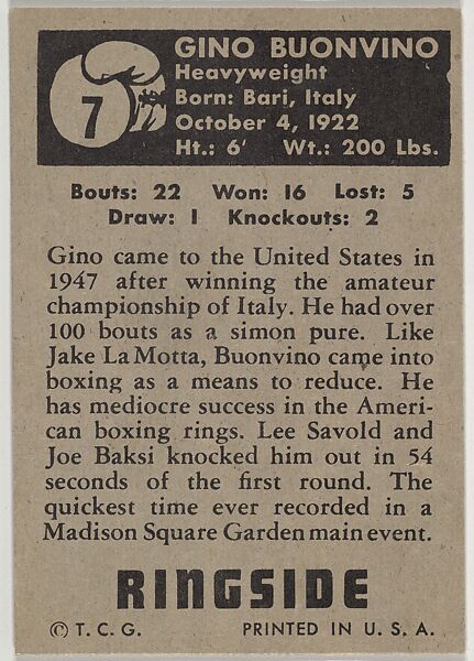 Gino Buonvino, Heavyweight, from the Topps Ringside series (R411) issued by Topps Chewing Gum Company, Issued by Topps Chewing Gum Company (American, Brooklyn), Commercial color lithograph