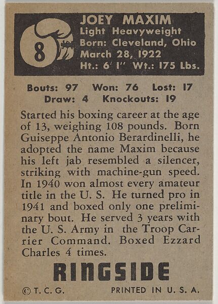Joey Maxim, Light Heavy Champion, from the Topps Ringside series (R411) issued by Topps Chewing Gum Company, Issued by Topps Chewing Gum Company (American, Brooklyn), Commercial color lithograph