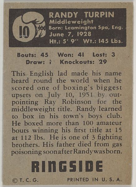 Randy Turpin, Middleweight Champion, 1951, from the Topps Ringside series (R411) issued by Topps Chewing Gum Company, Issued by Topps Chewing Gum Company (American, Brooklyn), Commercial color lithograph