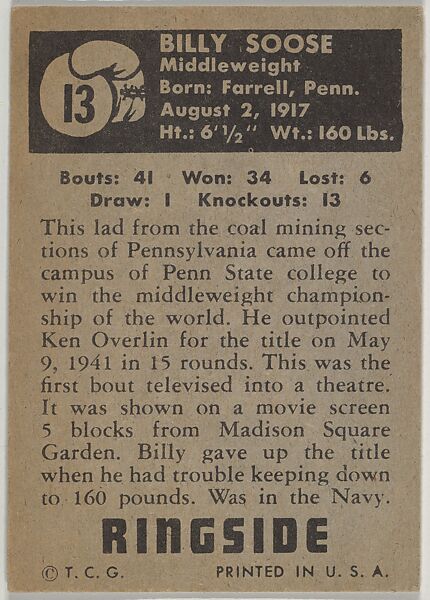 Billy Soose, Middleweight Champion, 1941, from the Topps Ringside series (R411) issued by Topps Chewing Gum Company, Issued by Topps Chewing Gum Company (American, Brooklyn), Commercial color lithograph