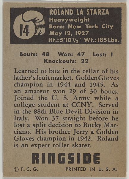 Roland La Starza, Heavyweight, from the Topps Ringside series (R411) issued by Topps Chewing Gum Company, Issued by Topps Chewing Gum Company (American, Brooklyn), Commercial color lithograph