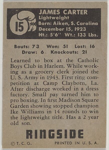 James Carter, Lightweight Champion, from the Topps Ringside series (R411) issued by Topps Chewing Gum Company, Issued by Topps Chewing Gum Company (American, Brooklyn), Commercial color lithograph