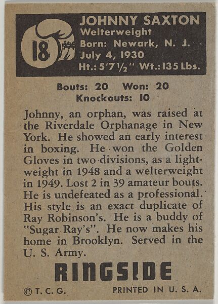 Johnny Saxton, Welterweight, from the Topps Ringside series (R411) issued by Topps Chewing Gum Company, Issued by Topps Chewing Gum Company (American, Brooklyn), Commercial color lithograph