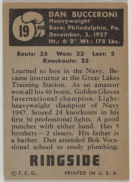 Dan Bucceroni, Light Heavyweight, from the Topps Ringside series (R411) issued by Topps Chewing Gum Company, Issued by Topps Chewing Gum Company (American, Brooklyn), Commercial color lithograph