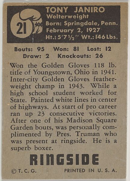 Tony Janiro, Middleweight, from the Topps Ringside series (R411) issued by Topps Chewing Gum Company, Issued by Topps Chewing Gum Company (American, Brooklyn), Commercial color lithograph