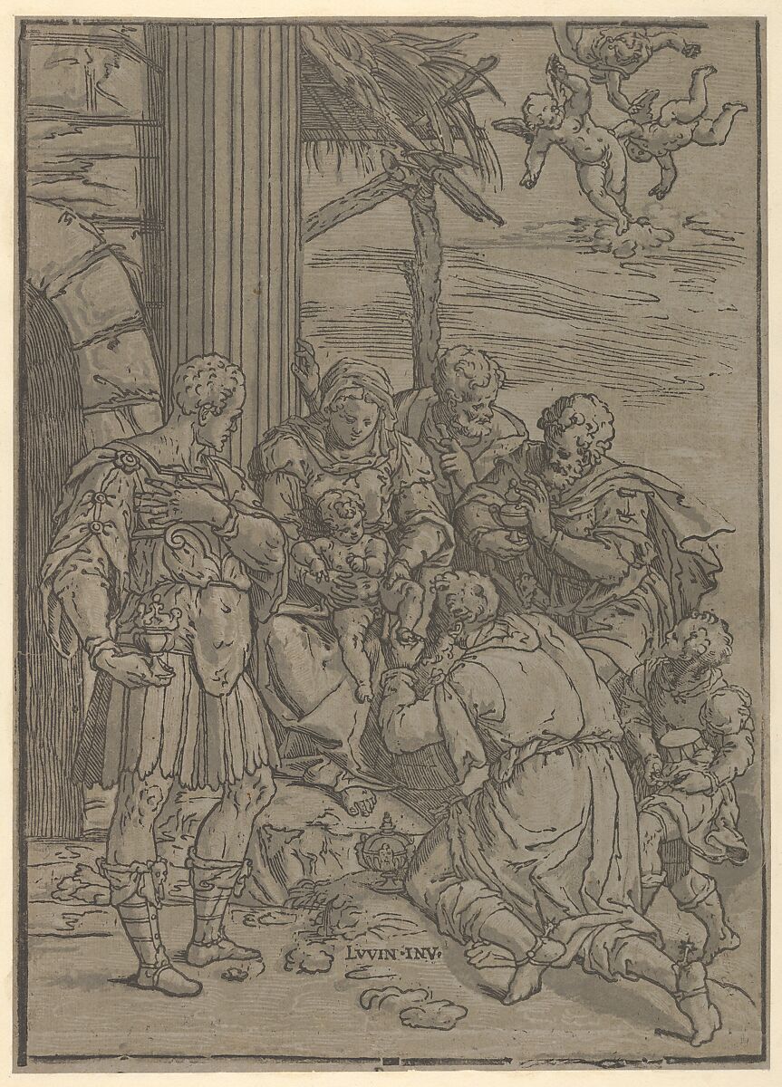 The Adoration of the Magi, Andrea Andreani (Italian, Mantua 1558/1559–1629), Chiaroscuro woodcut from three blocks in gray 