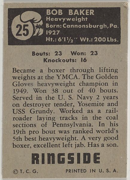 Bob Baker, Heavyweight, from the Topps Ringside series (R411) issued by Topps Chewing Gum Company, Issued by Topps Chewing Gum Company (American, Brooklyn), Commercial color lithograph