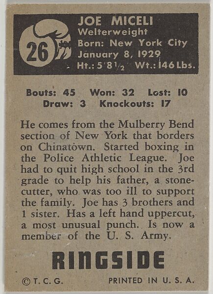 Joe Miceli, Welterweight, from the Topps Ringside series (R411) issued by Topps Chewing Gum Company, Issued by Topps Chewing Gum Company (American, Brooklyn), Commercial color lithograph