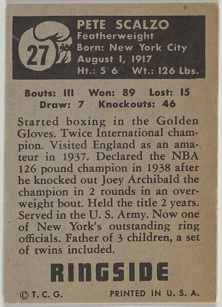 Petey Scalzo, Featherweight Champion, 1938-1941, from the Topps Ringside series (R411) issued by Topps Chewing Gum Company, Issued by Topps Chewing Gum Company (American, Brooklyn), Commercial color lithograph
