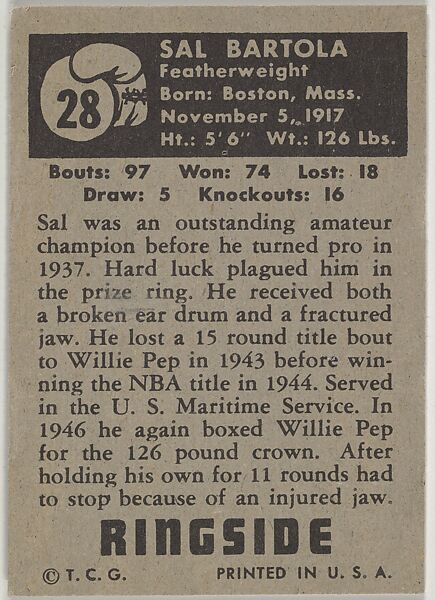 Sal Bartolo, Featherweight Champion, 1944, from the Topps Ringside series (R411) issued by Topps Chewing Gum Company, Issued by Topps Chewing Gum Company (American, Brooklyn), Commercial color lithograph