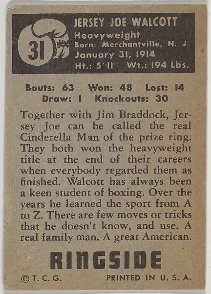 Jersey Joe Walcott, Heavyweight Champion, from the Topps Ringside series (R411) issued by Topps Chewing Gum Company, Issued by Topps Chewing Gum Company (American, Brooklyn), Commercial color lithograph