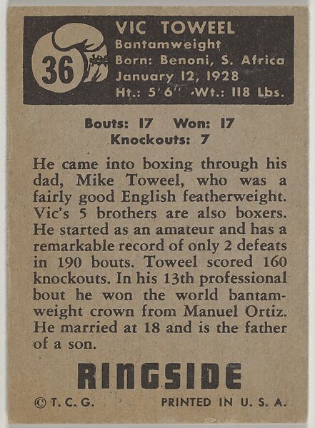 Vic Toweel, Flyweight Champion, from the Topps Ringside series (R411) issued by Topps Chewing Gum CompanyCompany, Issued by Topps Chewing Gum Company (American, Brooklyn), Commercial color lithograph